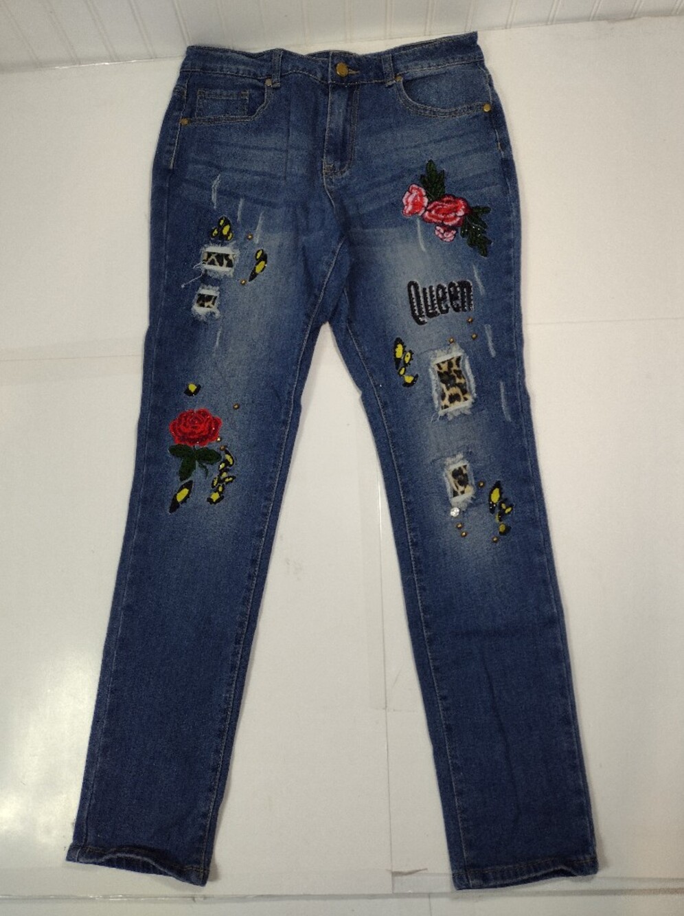 K.Jordan Women's Queen Embroidered Blue Women's Jeans